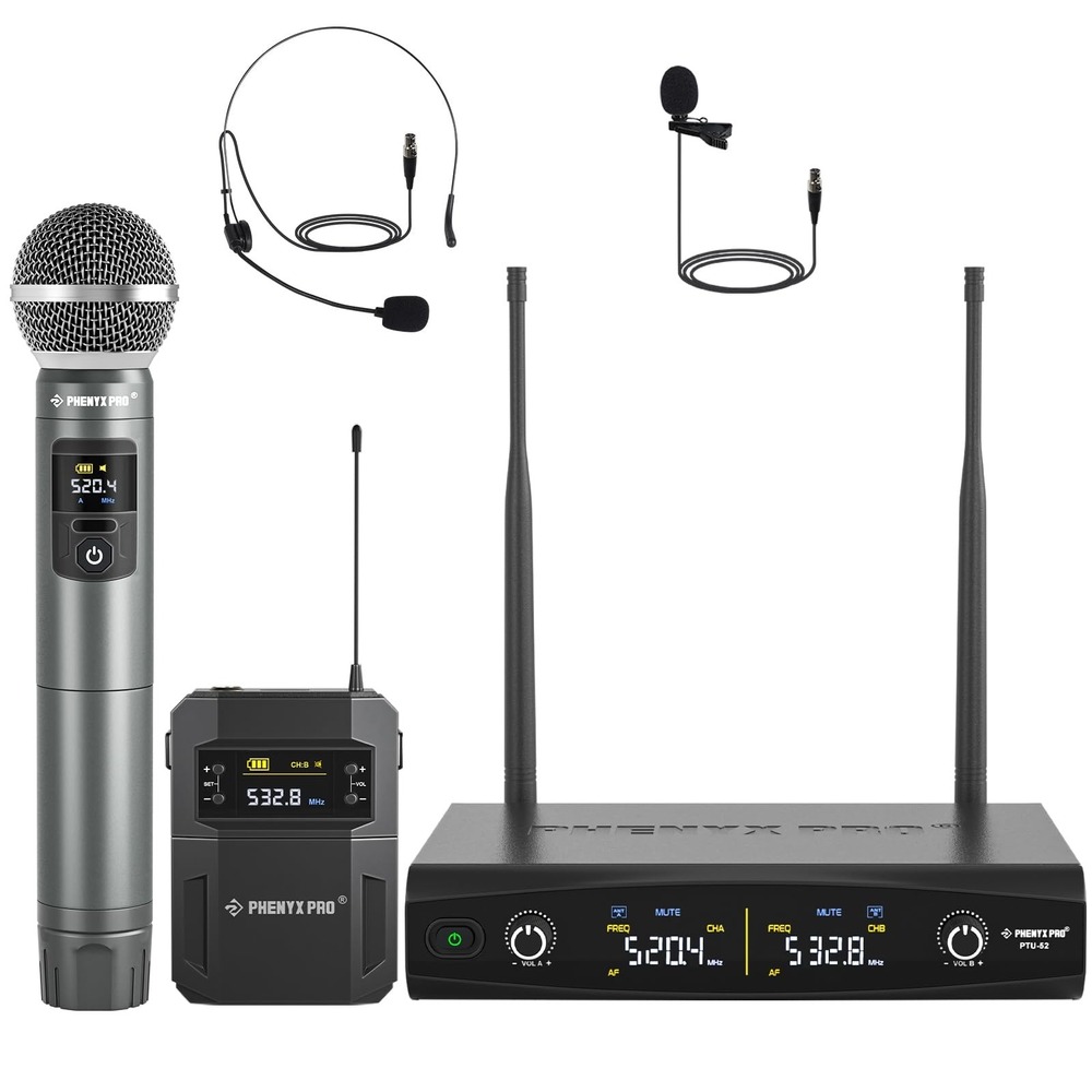 Phenyx Pro PTU-52 Dual UHF Wireless Microphone System 1 Handheld 1 Bodypack
